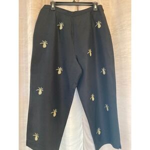 Silk Black Pants Gold Pineapple‎ Embroidered Cropped Women Size 14